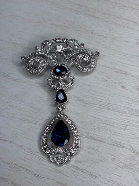 Silver-Tone Brooch with Deep Blue Crystal Drops